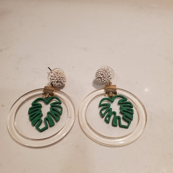 Monstera Clear Hoops Drop Dangle Earrings Boho - Picture 2 of 3
